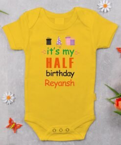Personalized half birthday baby romper with name and gift icons