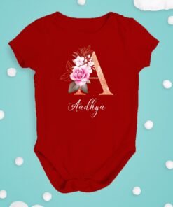 Personalized baby romper with rose floral initial and name