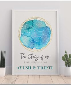 Personalized watercolour star map frame with couple names and date