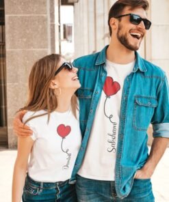 Personalized couple T-shirts with heart balloons and names