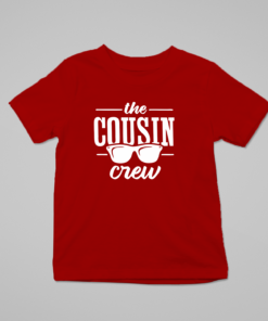 Red kids T-shirt with white Cousin Crew design