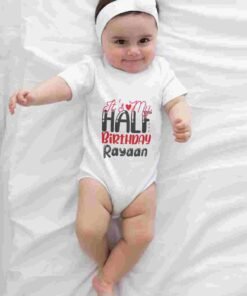 Personalized half-birthday baby romper for a six-month celebration